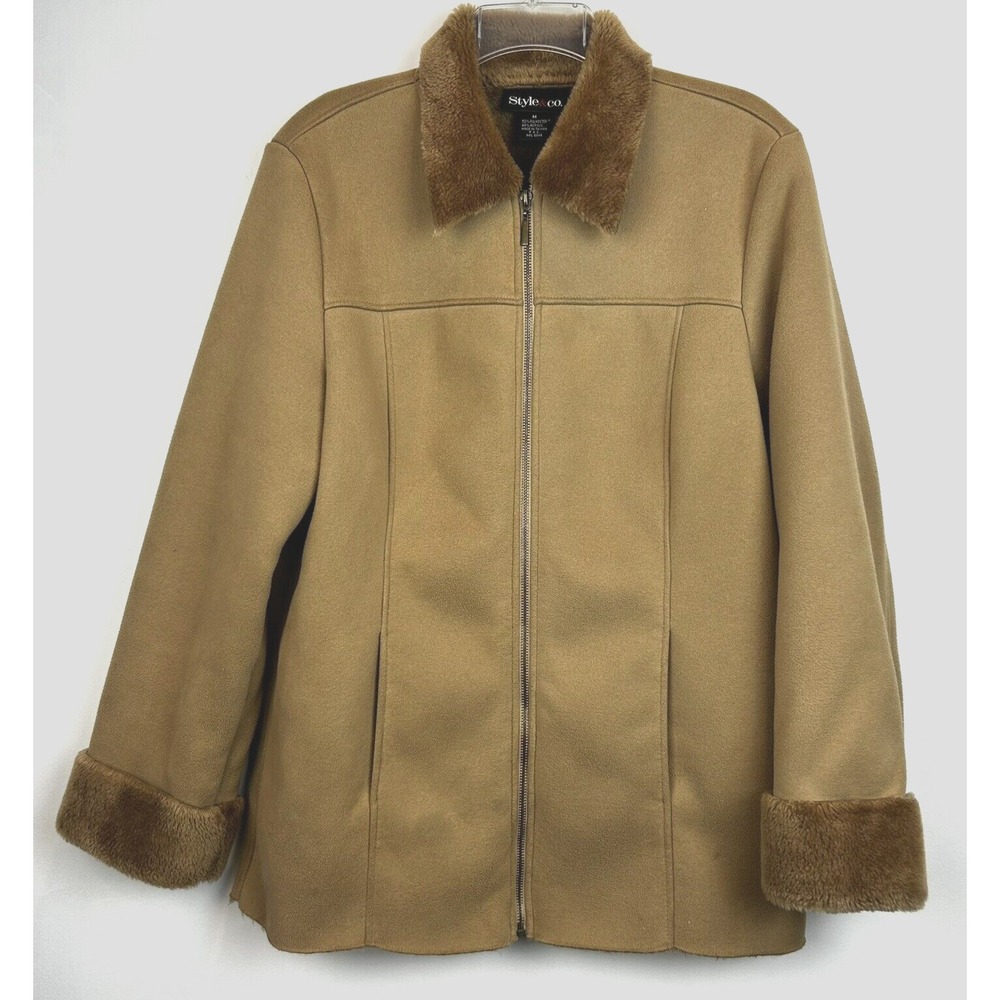 Coat Womens Medium Faux Suede Fur Lined Cuff Collar Tan Zip Quiet Luxury